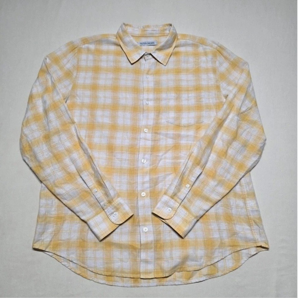 Outerknown Men XL Orange White Plaid Long Sleeve Button Down Shirt Reg Fit